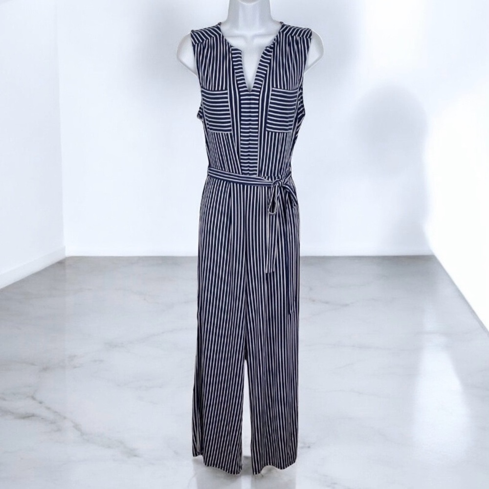 Monteau Blue White Sleeveless Striped Stretch Jumpsuit Open Back Size Small